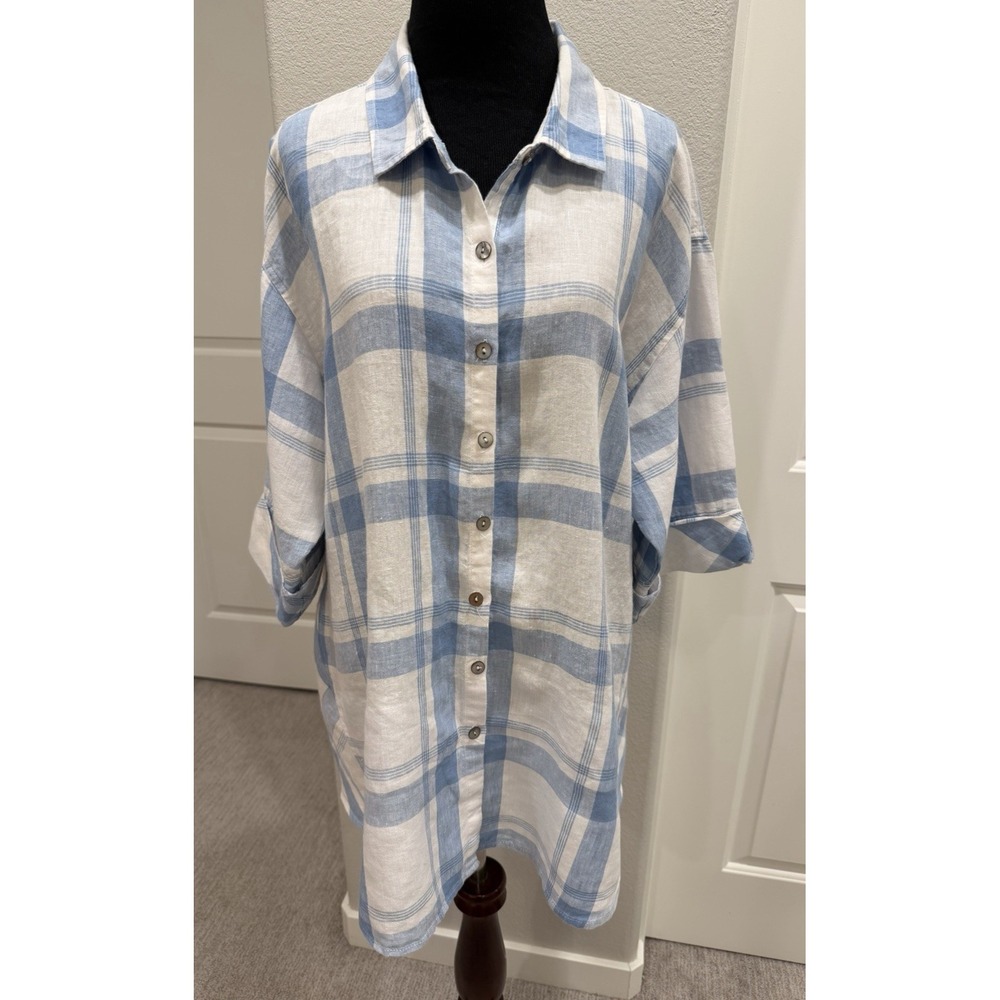 Multiples 100% Linen Plaid Camp Shirt Blouse Women's 0X Blue White Roll Tab